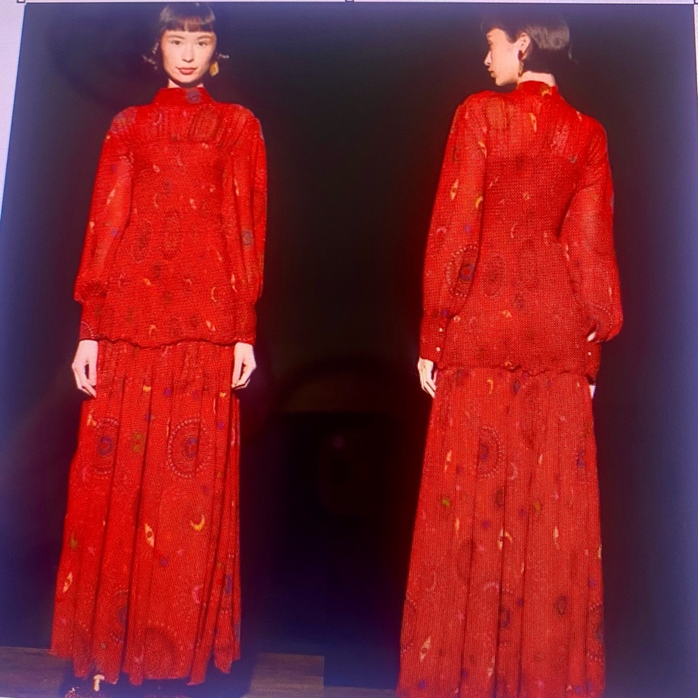 Farm Rio Red Mystic Night Maxi Dress Boho Smocked Eye Moon Size L Anthropologie